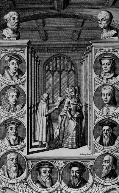 Reading a letter to Queen Elizabeth I by English School